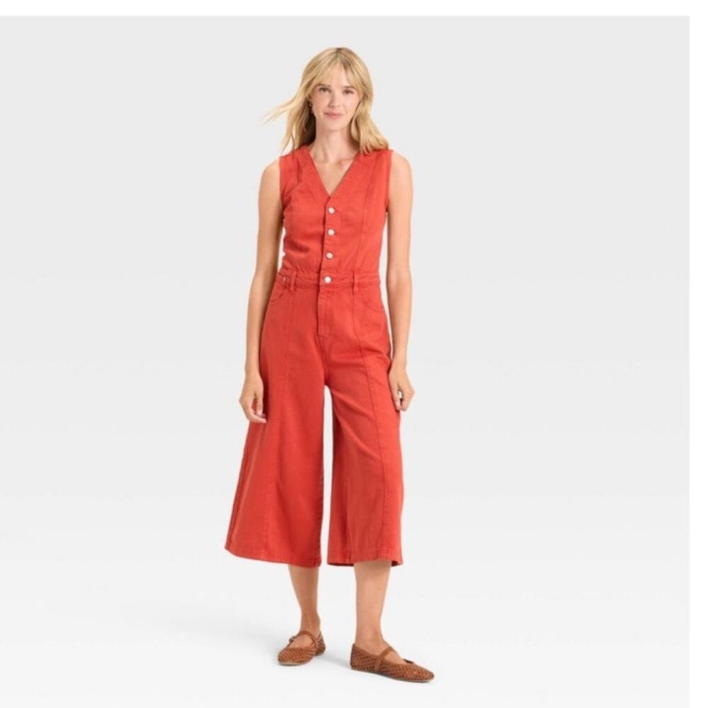 Women's Universal Thread Orange Sleeveless Button Front Corduroy Jumpsuit Sz 16